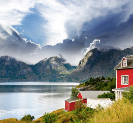 Marvelous Red House On A Norway Fjord HD Desktop Background