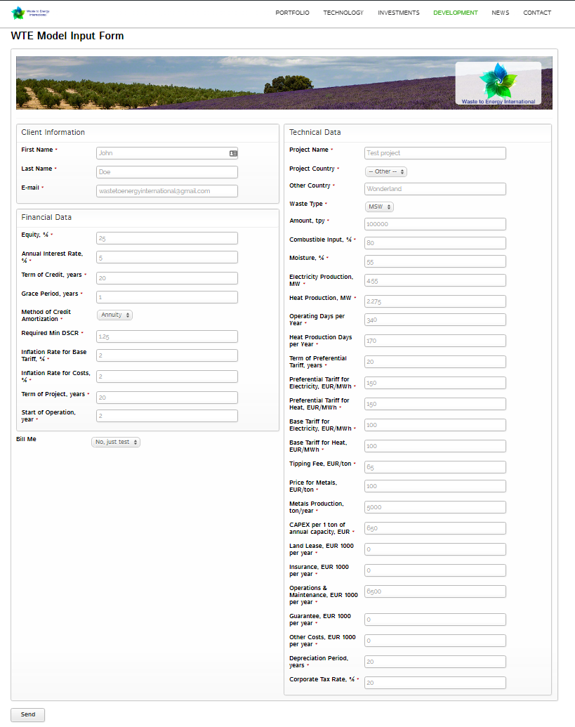 Online Financial Model - WTE Model Input Form