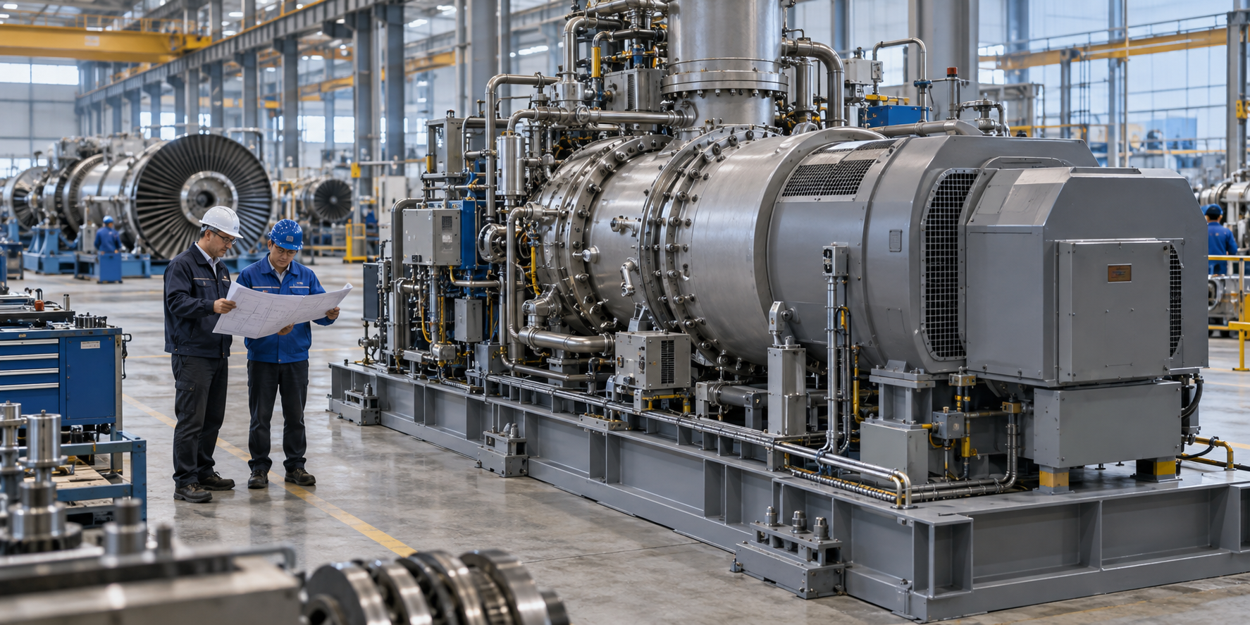 Engineers reviewing an industrial turbine-generator package