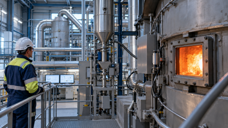 Technician monitoring high-temperature hazardous waste treatment equipment